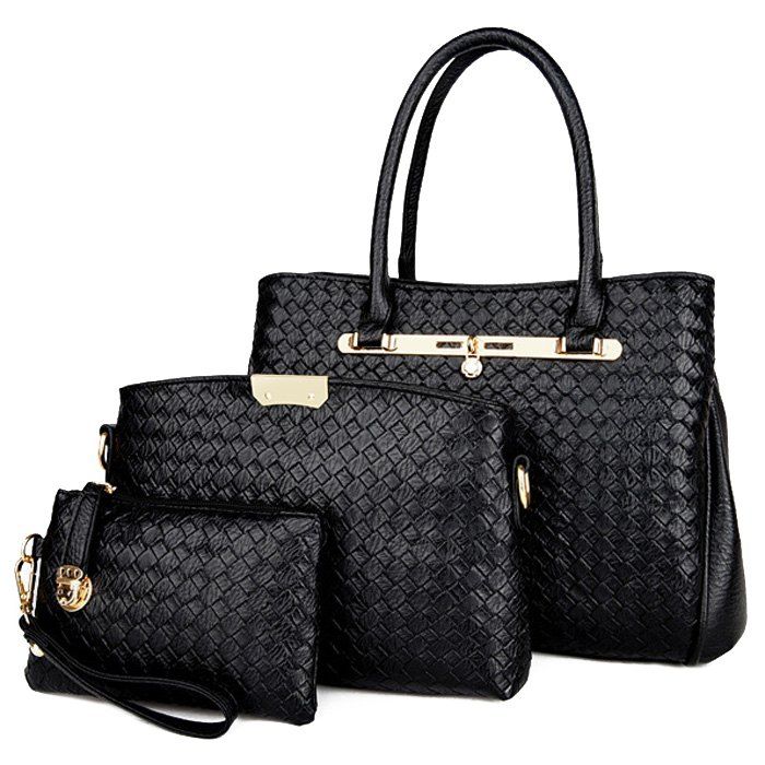 [36 OFF] 3 Pieces Woven Faux Leather Handbag Set Rosegal