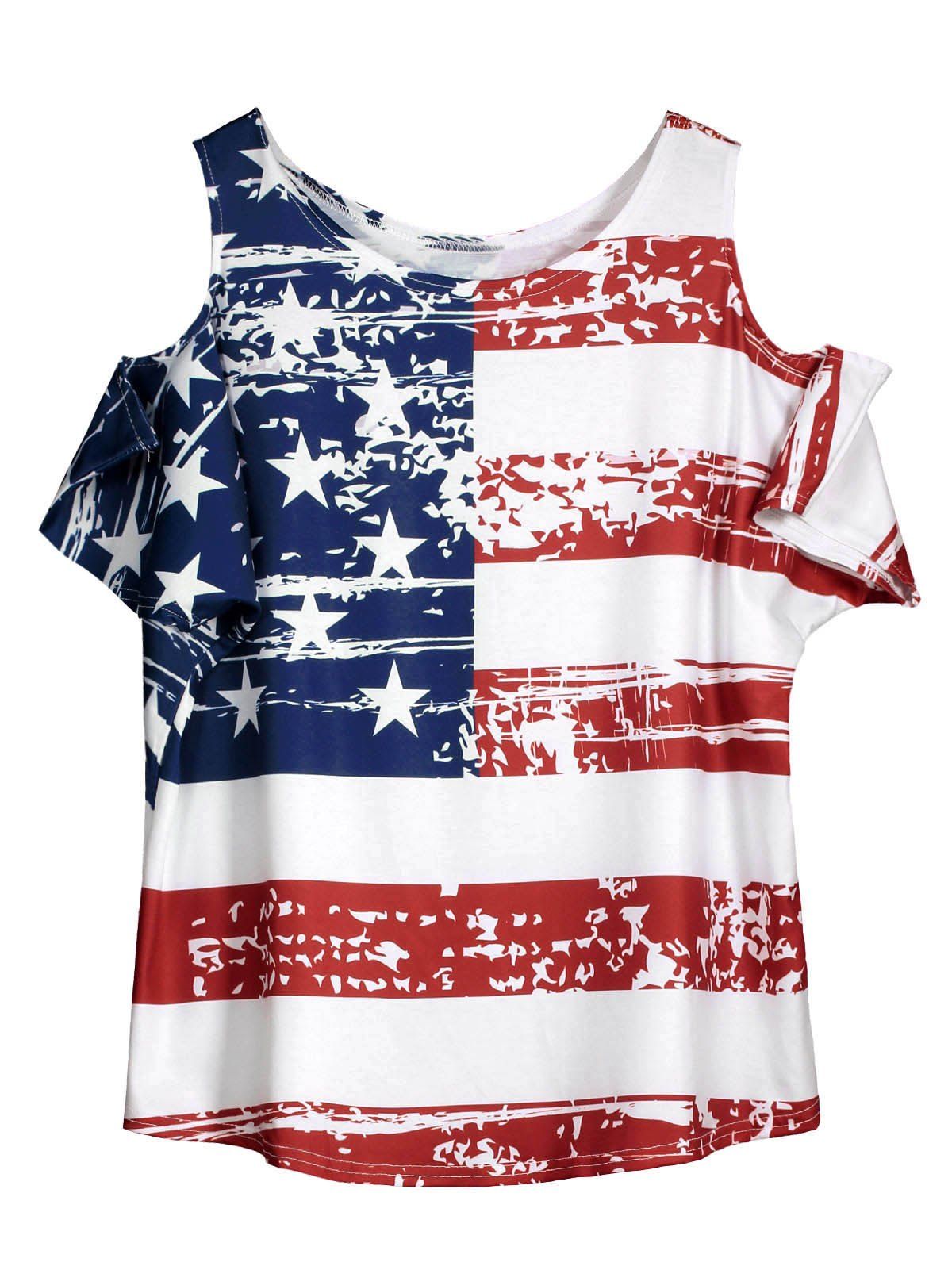 [28% OFF] Cold Shoulder Distressed American Flag T-shirt | Rosegal