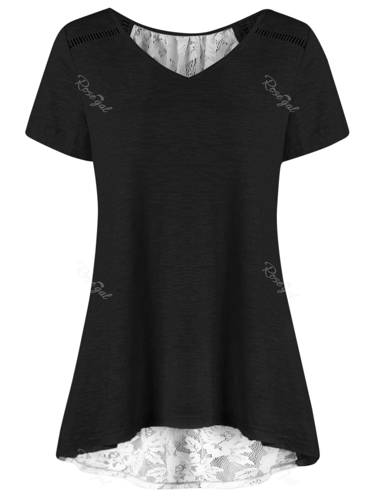 

V Neck Plus Size High Low Hem Lace Trim Tee, Black