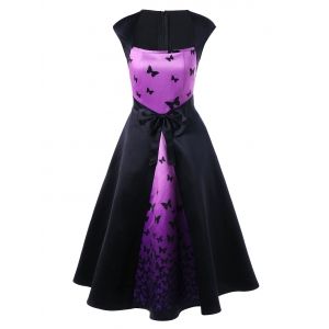 Butterfly Print Bowknot Embellished Square Neck Dress