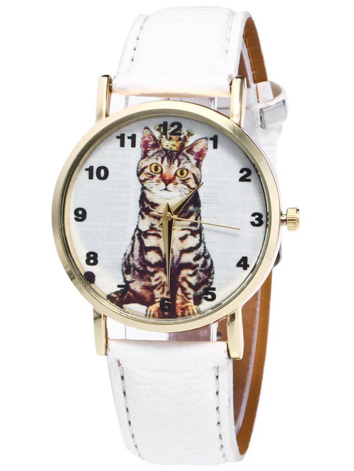 

Faux Leather Cat Pattern Number Watch, White