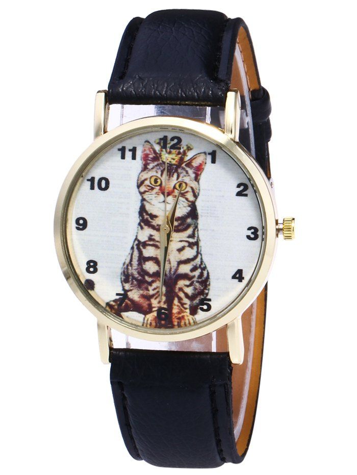 

Faux Leather Cat Pattern Number Watch, Black