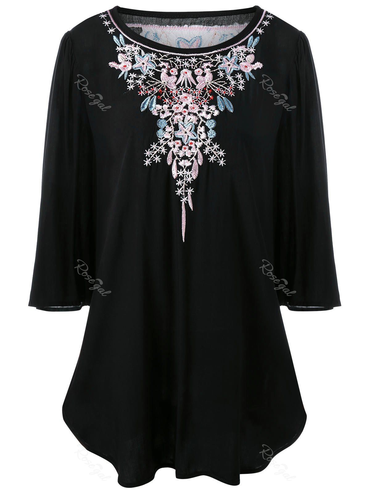 [15 OFF] Long Plus Size Floral Embroidered Dressy Top Rosegal