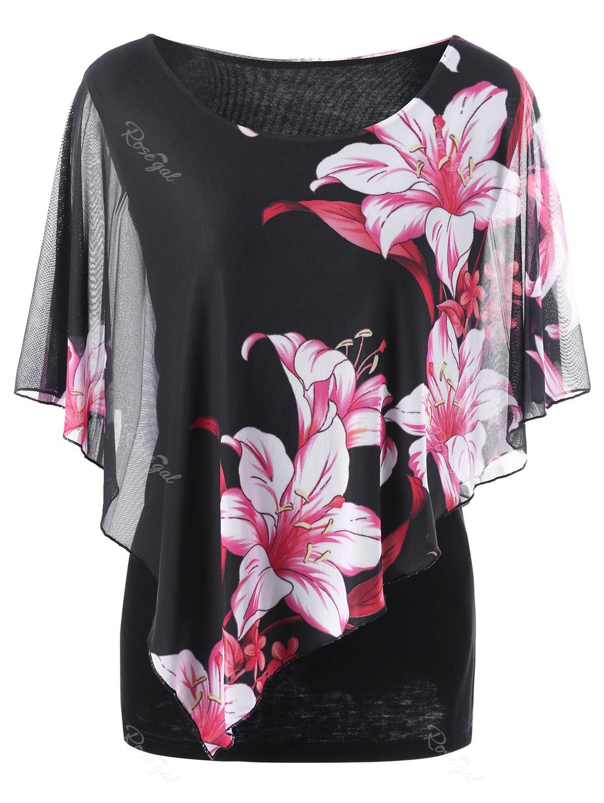 

Overlay Floral Casual Plus Size T-Shirt, Black