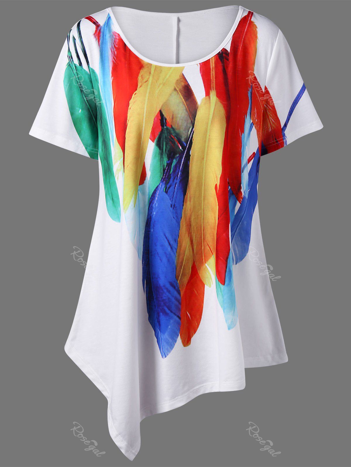 

Plus Size Long Feather Print Asymmetric T-Shirt, White