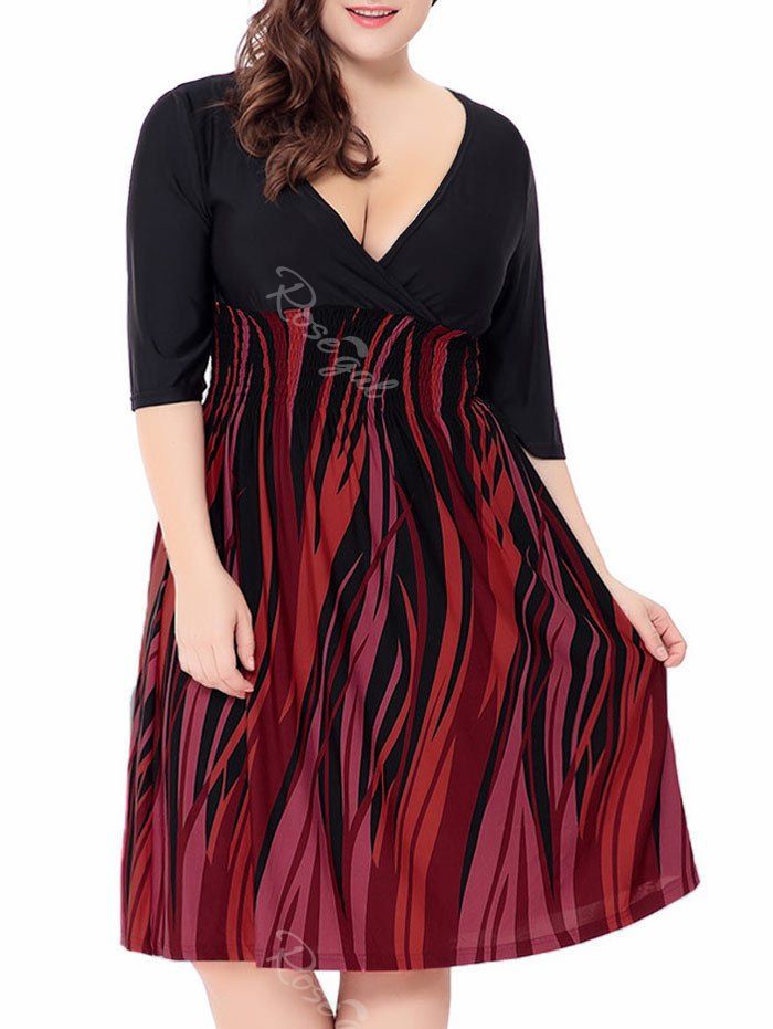 

Plus Size Fire Print Low Cut Surplice Dress, Orange red