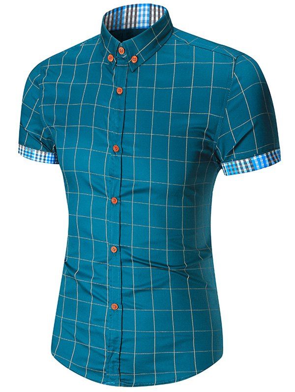 

Button Down Short Sleeve Gingham Plaid Shirt, Lake blue
