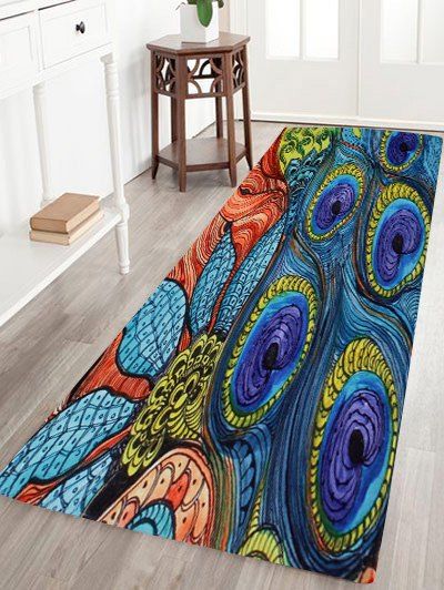 

Coral Fleece Non-Slip Peacock Feather Door Floor Rug, Blue