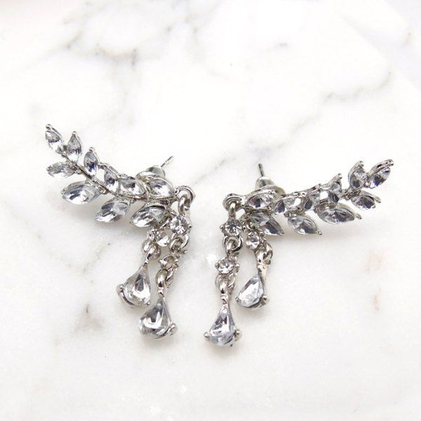 

Faux Crystal Leaf Teardrop Earrings, Silver