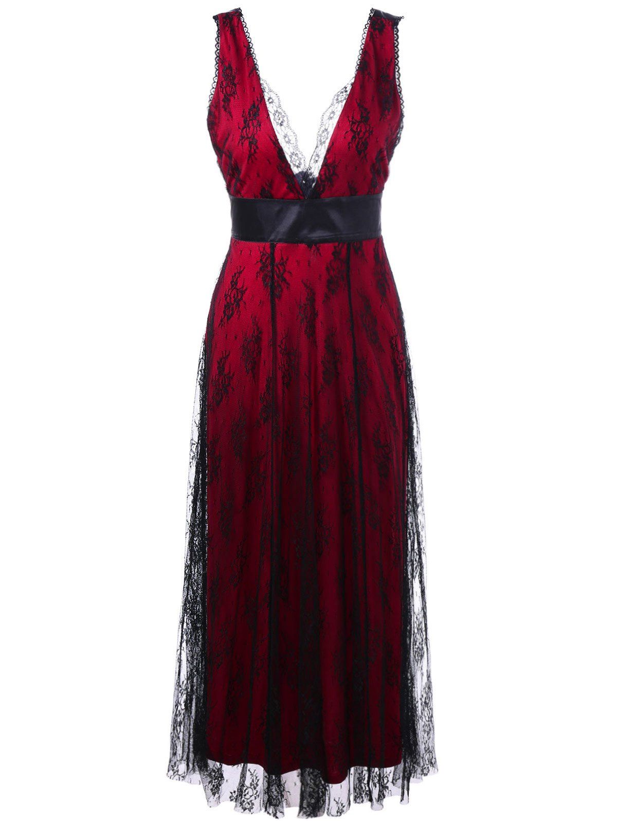 

Voile Low Cut Backless Long Evening Party Dress, Red
