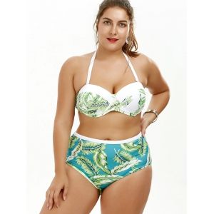 Tropical Palm Leaf Print Plus Size Halter Top Bikini Swimwear - GREEN 2XL