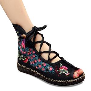 Lace Up Embroidery Peep Toe Shoes