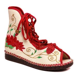 Embroidery Knot Button Peep Toe Shoes