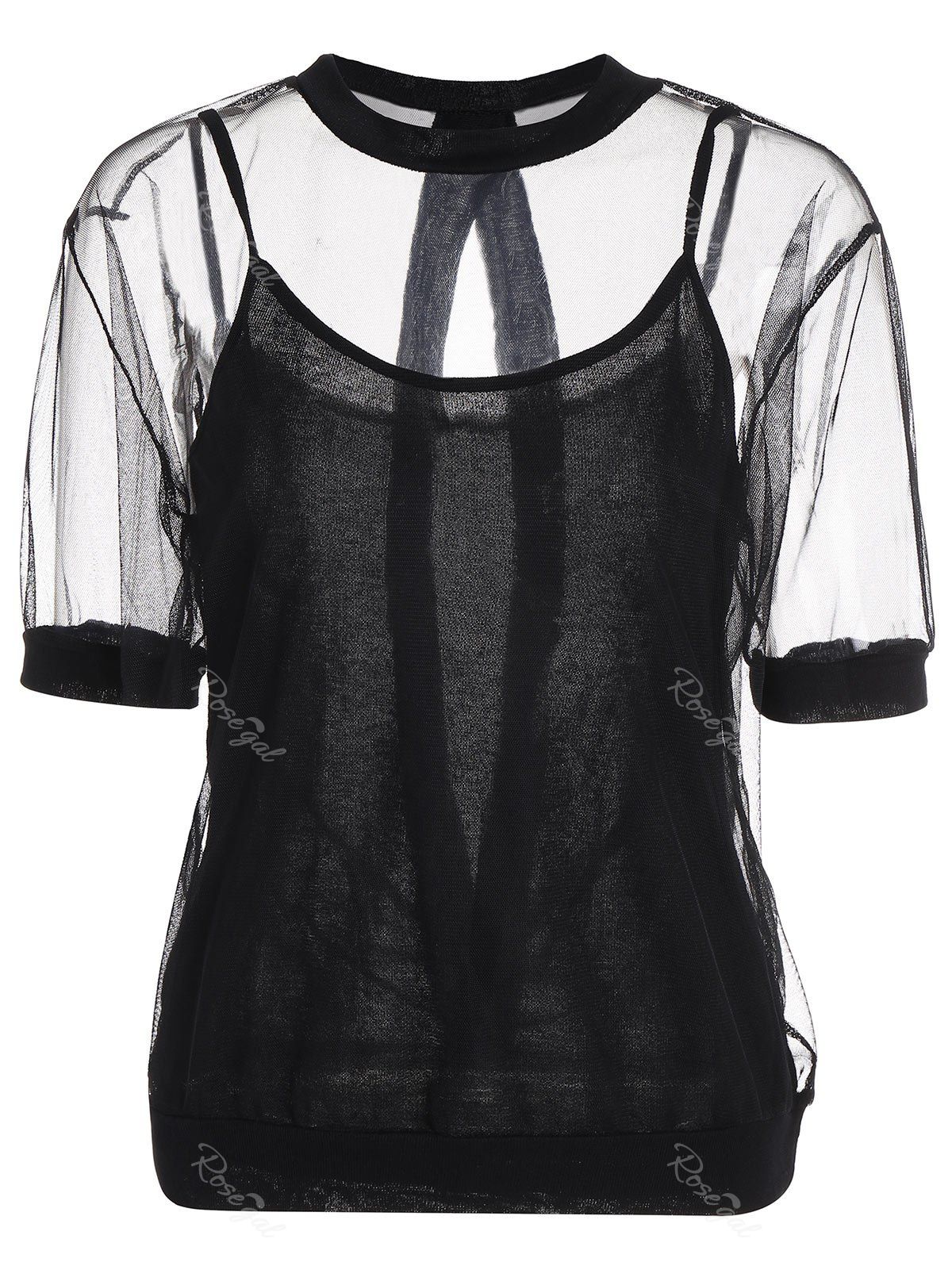 

Plus Size Backless Sheer Top With Camisole, Black