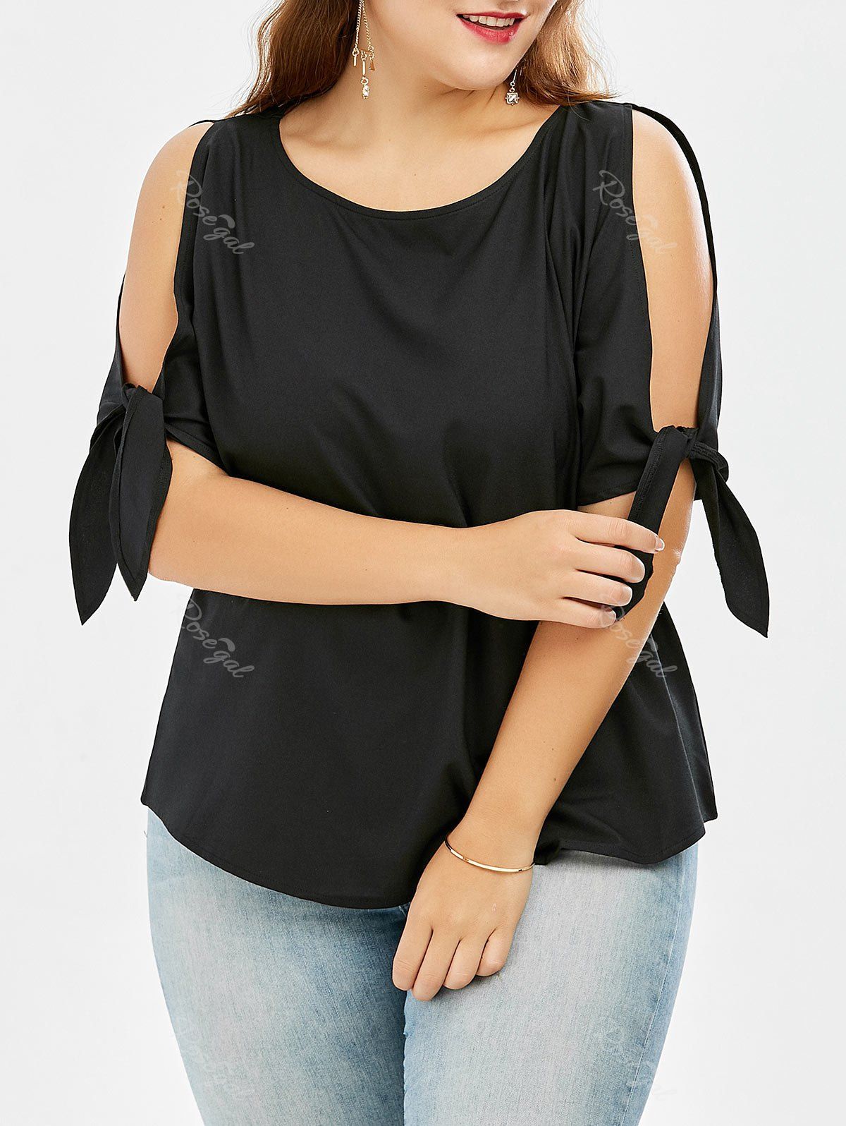 

Bowtie Cold Shoulder Chiffon Plus Size Top, Black