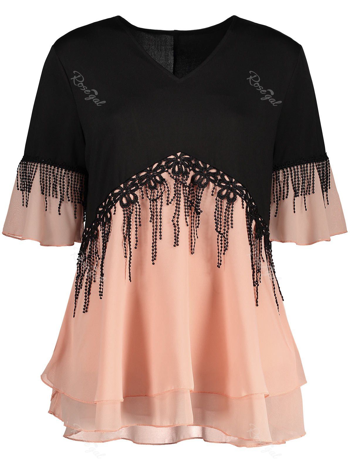 

Plus Size Fringe Color Block Top, Orangepink