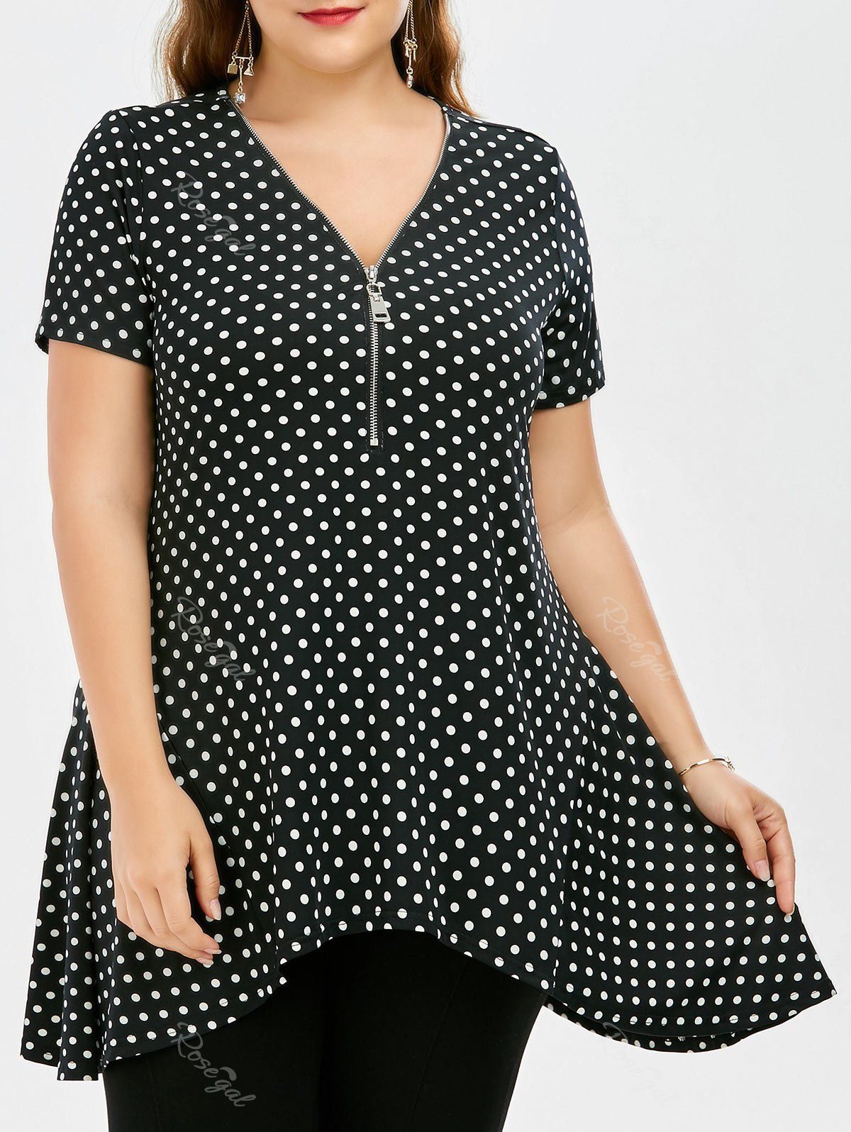 

Plus Size Zipper Neck Polka Dot Tunic Top, White and black