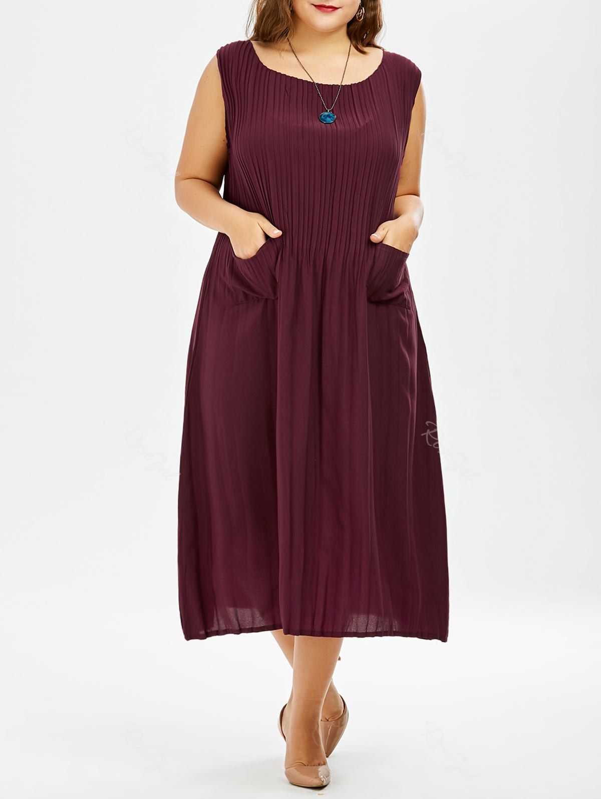 Deep Red One Size Plus Size Midi Pleated Tea Length Casual Dress ...