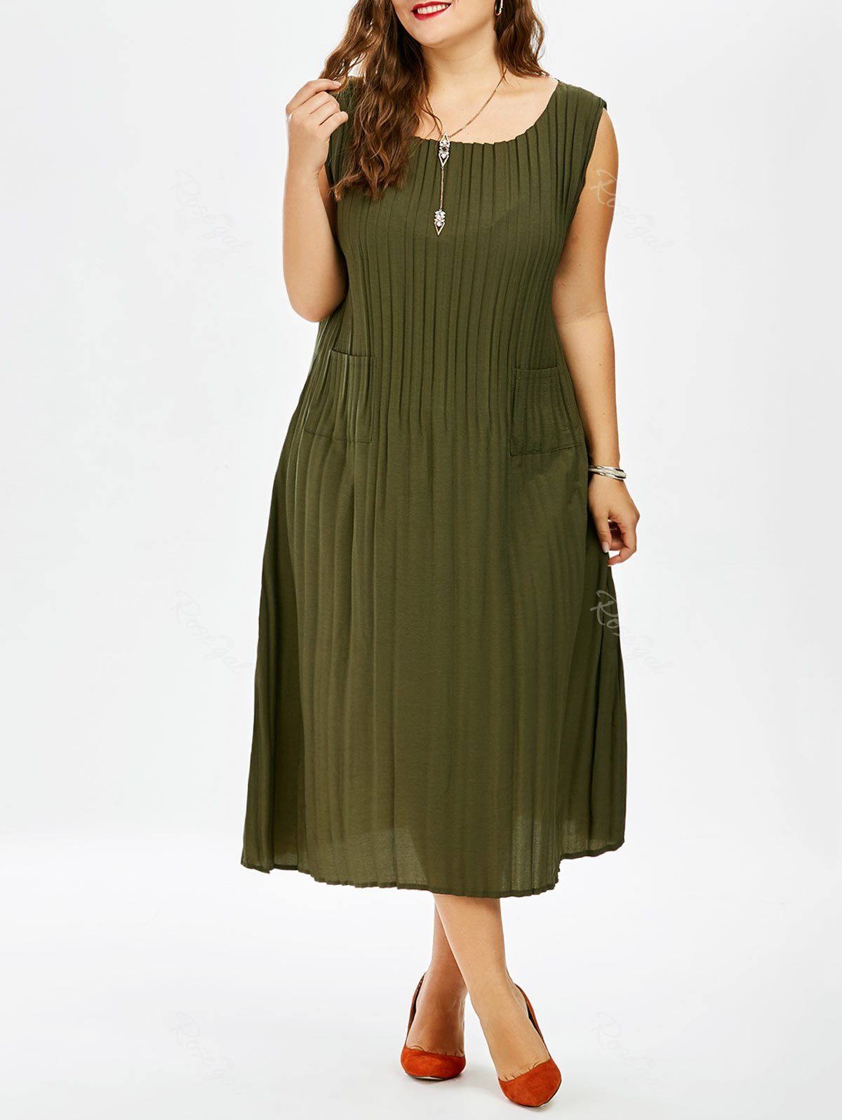 [43 OFF] Plus Size Midi Pleated Tea Length Casual Dress Rosegal