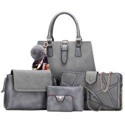 Pompon Scarf 5 Pieces Suede Handbag Set