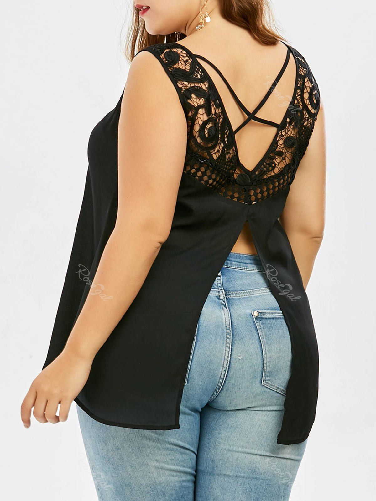 

Sleeveless Plus Size Cutwork Back Slit Top, Black