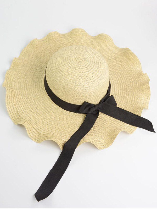 

Bowknot Wave Shape Fedora Straw Hat, Off-white