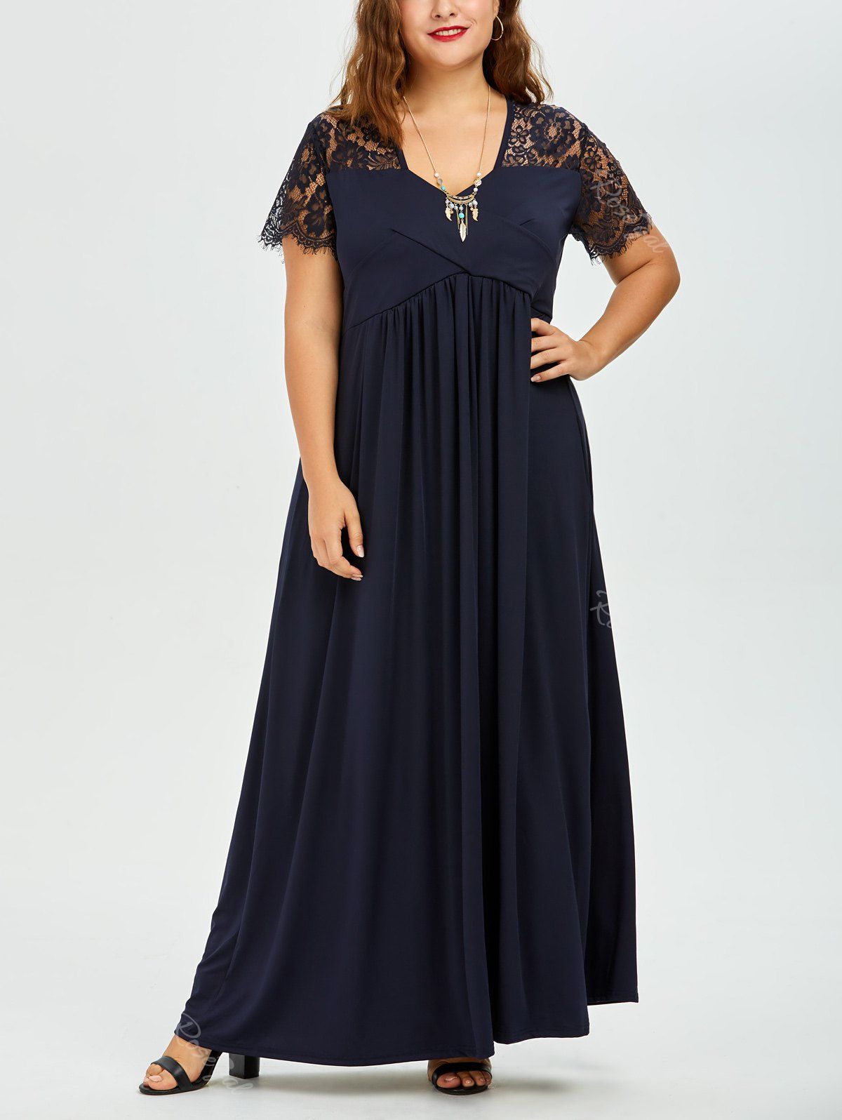 [18 OFF] Plus Size Long Lace Panel Maxi A Line Prom Dress Rosegal