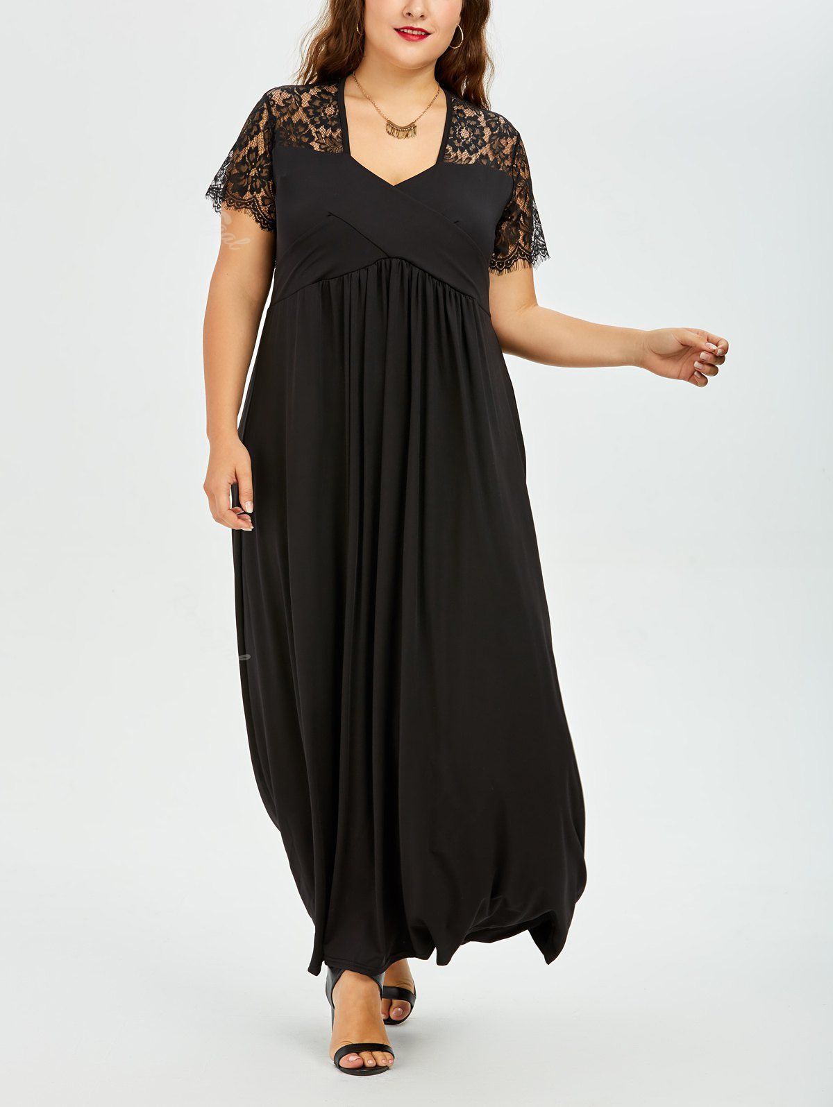 2018 Plus Size Long Lace Panel Maxi A Line Prom Dress In Black 6xl