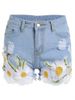 Floral Embroidered Frayed Denim High Rise Shorts -  