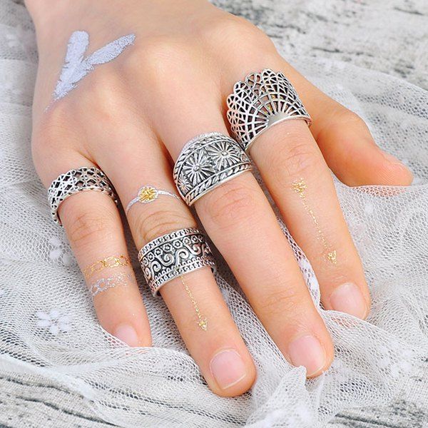 

Wide Flower Engraved Gypsy Ring Set, Silver