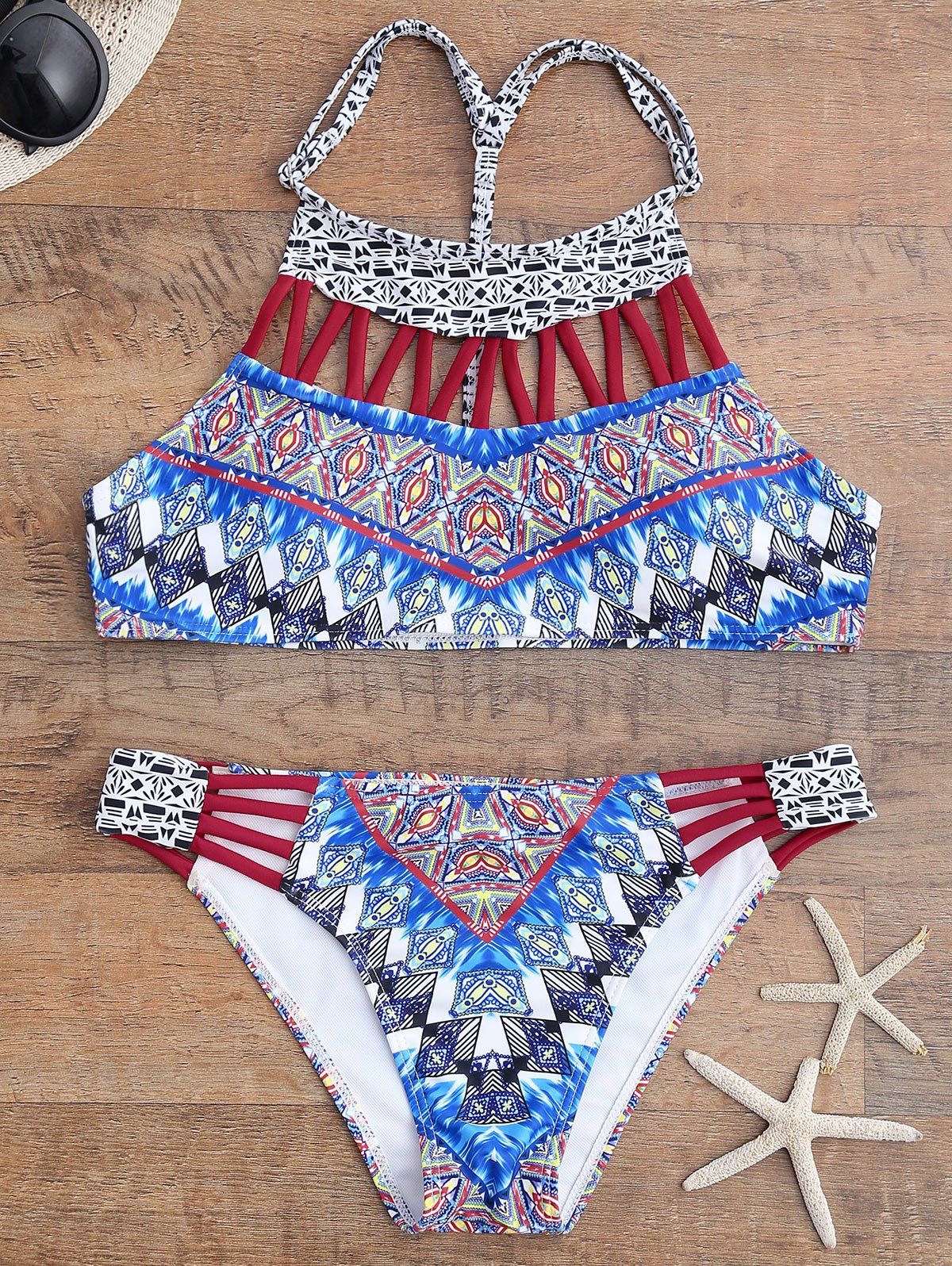 

Tribal High Neck Strappy Bikini Set, Colormix
