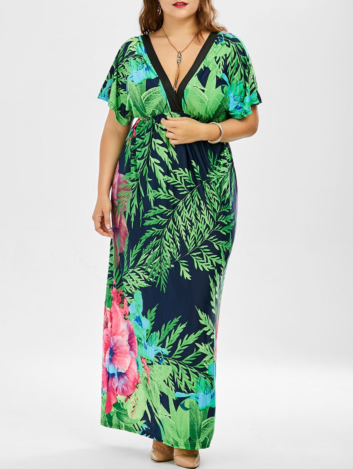 [10% OFF] Tropical Print Plus Size Floor Length Dress | Rosegal