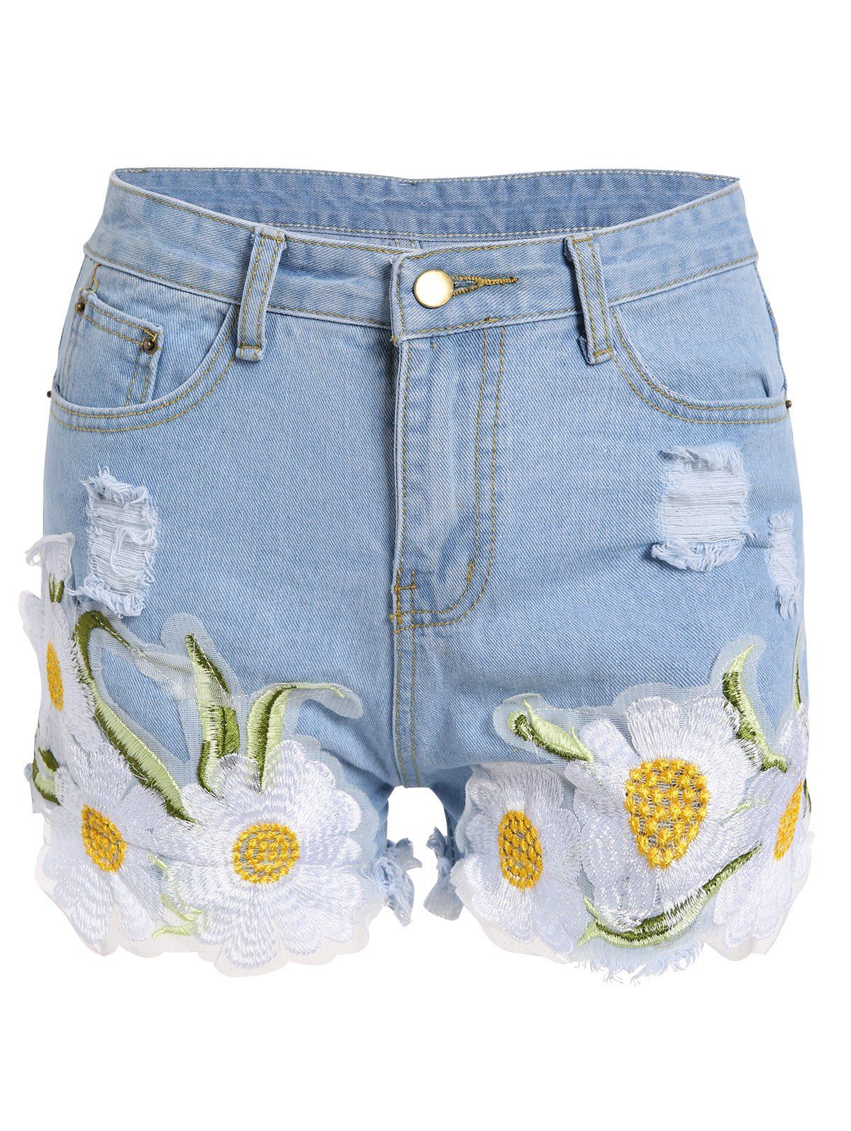 Shops Floral Embroidered Frayed Denim High Rise Shorts  