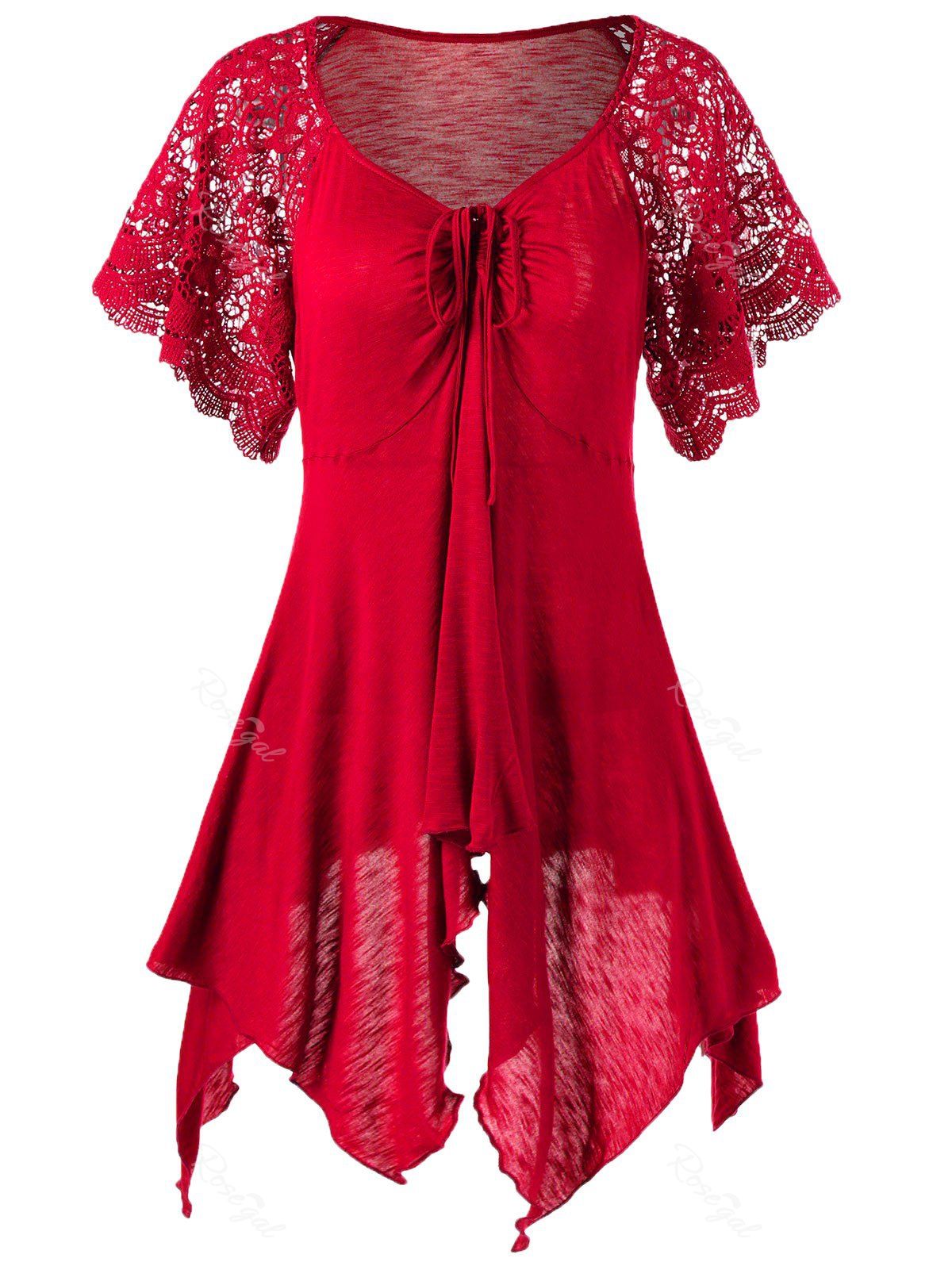 

Plus Size Self Tie Flowy Handkerchief Top With Sleeves, Red