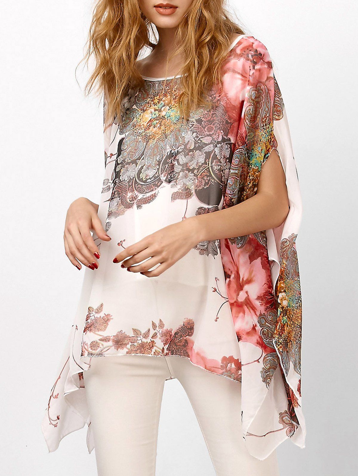 

Chiffon Batwing Cape Asymmetrical Floral Blouse, White