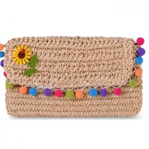 Pom Pom Trim Straw Crossbody Bag