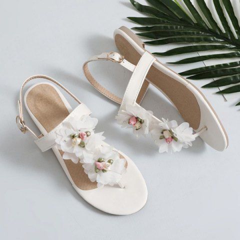 White 38 Pu Leather Flowers Sandals | RoseGal.com