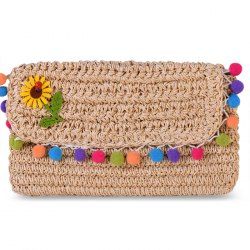 Pom Pom Trim Straw Crossbody Bag