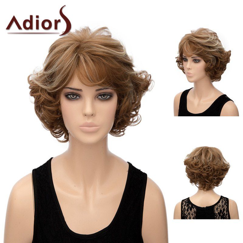 

Adiors Layered Shaggy Side Bang Short Wavy Highlight Synthetic Wig, Silver and brown