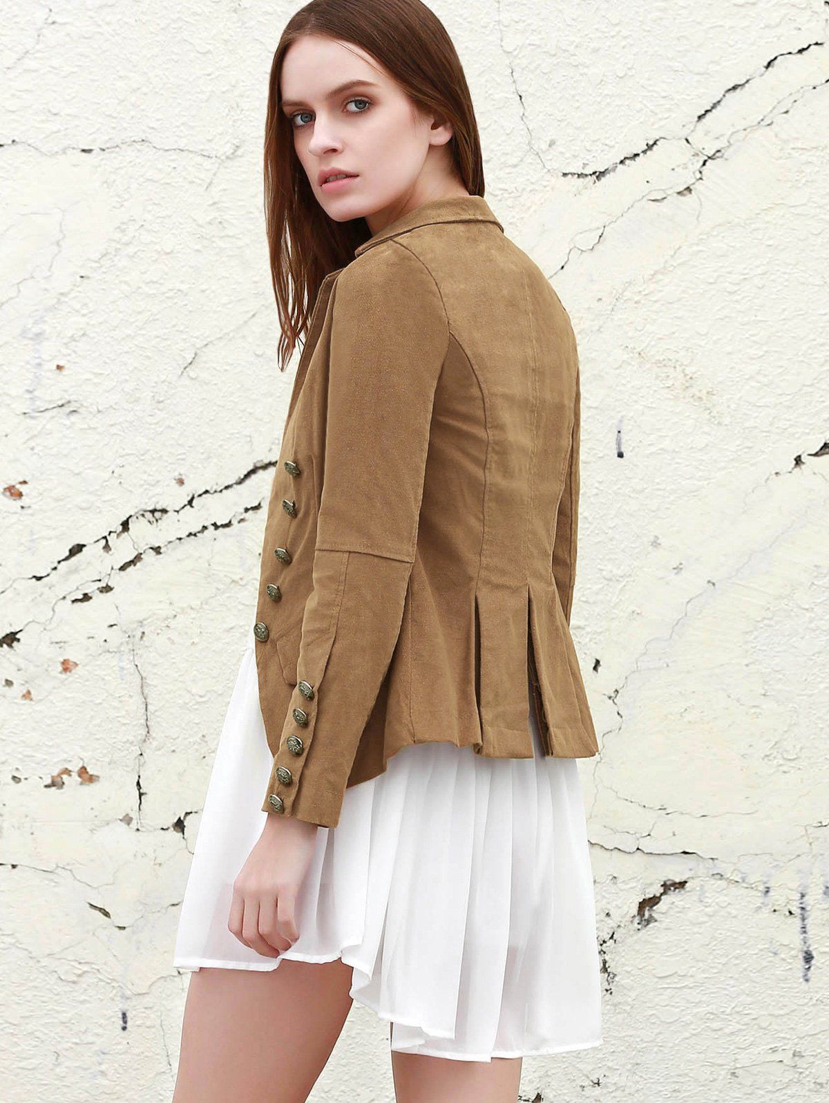 

Stylish Lapel Collar Long Sleeve Structured Washed Women's Blazer, Light coffee