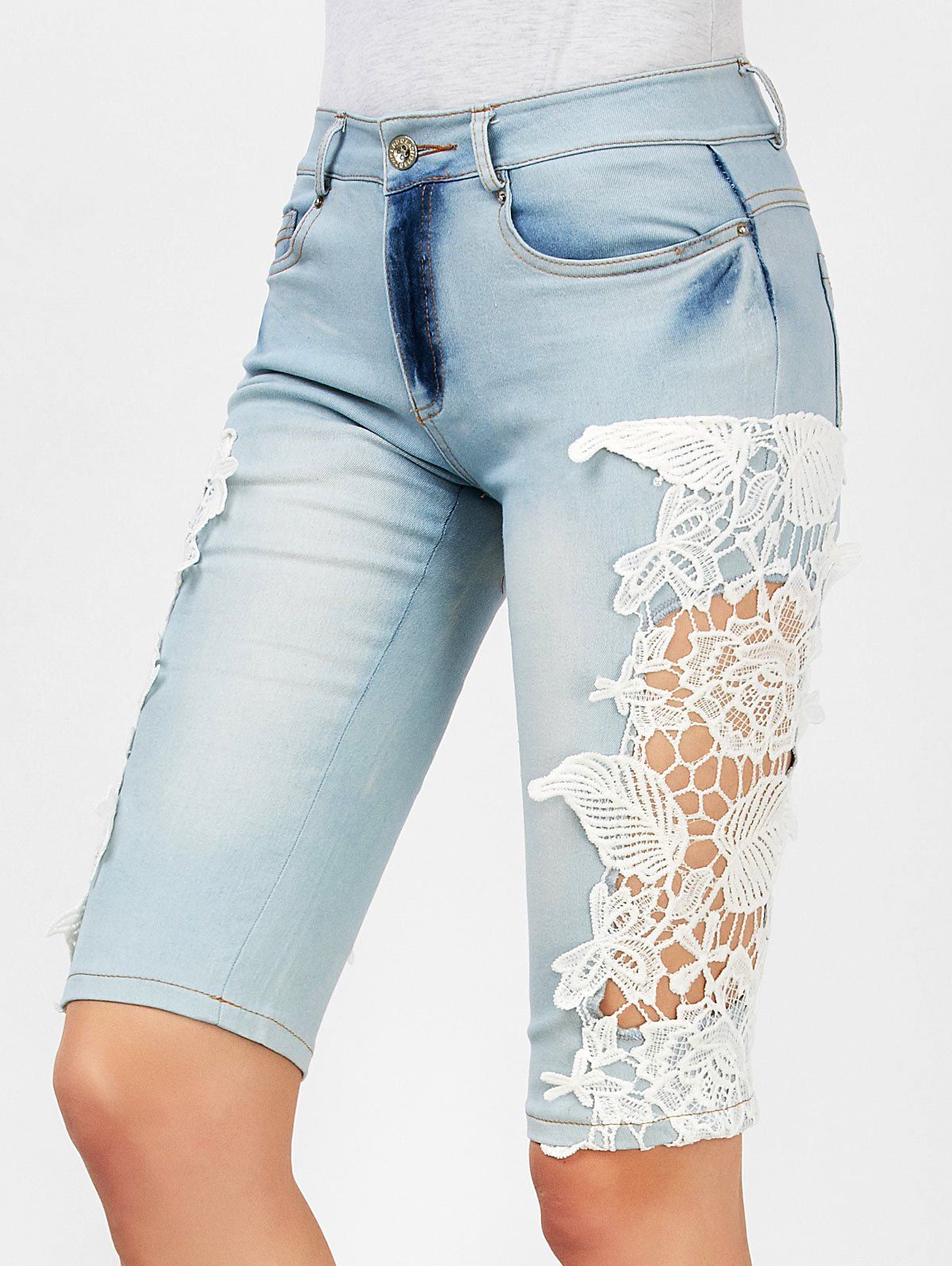 [58% OFF] Knee Length Lace Insert Denim Shorts | Rosegal