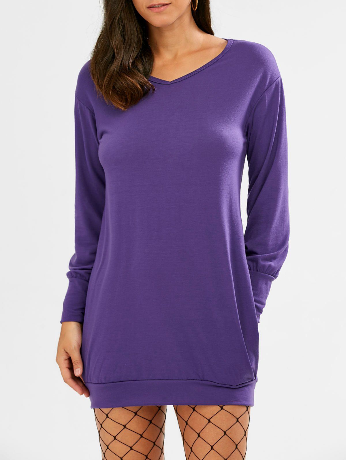 

Long Sleeve Short Tunic T-shirt Dress, Purple