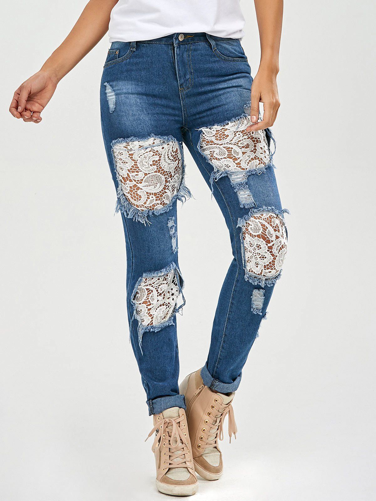 [13% OFF] Lace Insert Ripped Skinny Jeans | Rosegal