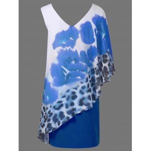 Blue 2xl Floral And Leopard Print V Neck Capelet Overlay Party Dress ...