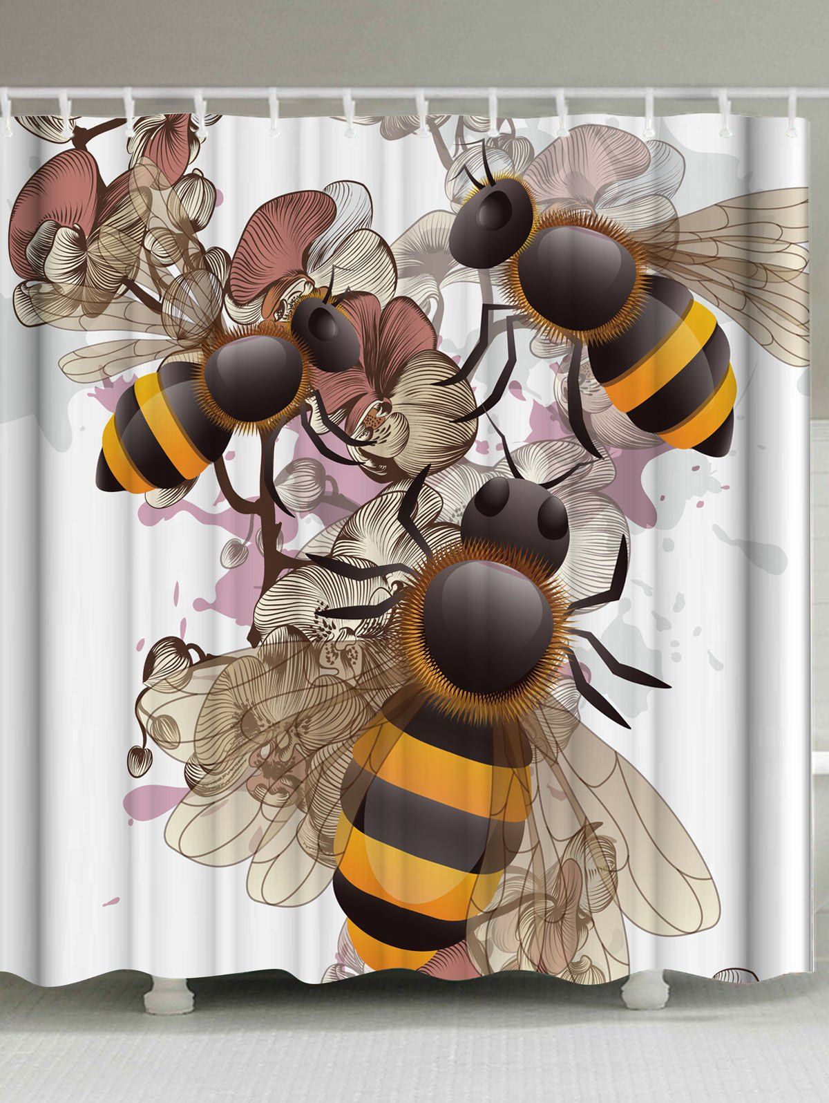 [37 OFF] Unique Floral Bee Shower Curtain With Hooks Rosegal