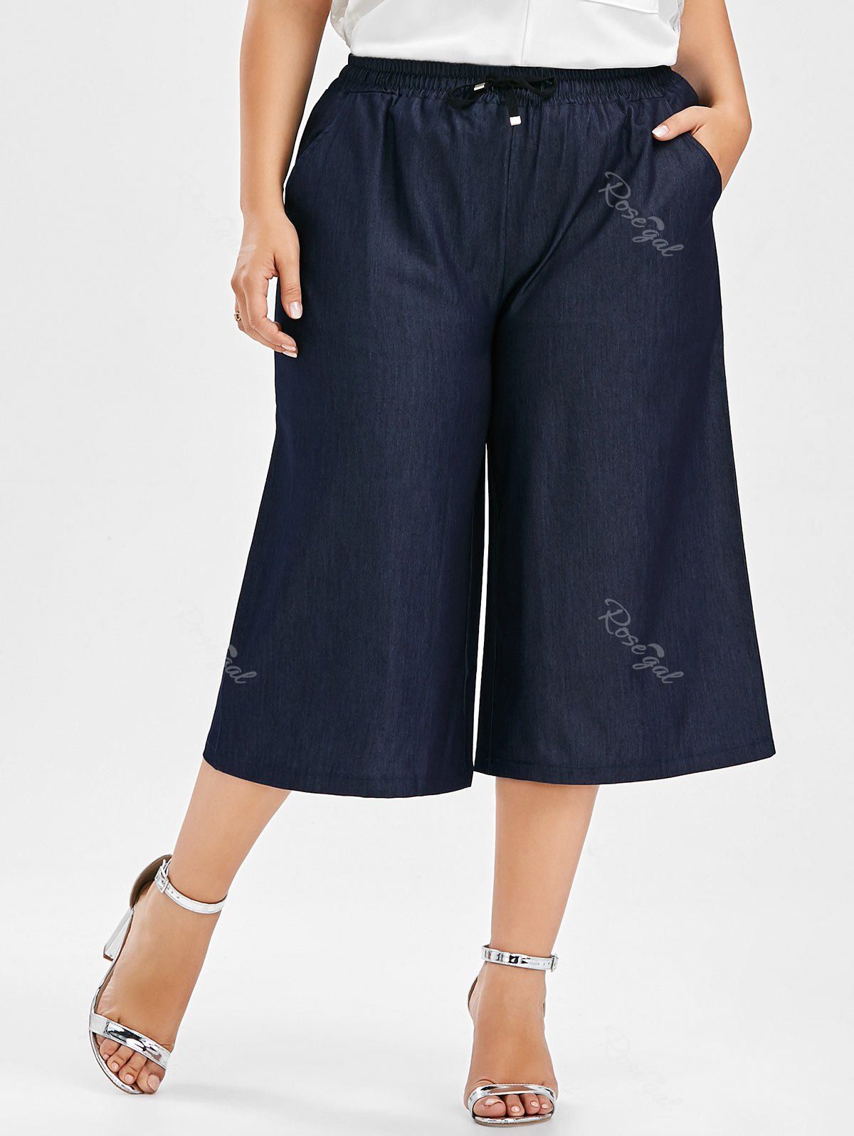 

Plus Size Drawstring Wide Leg Crop Pants, Deep blue