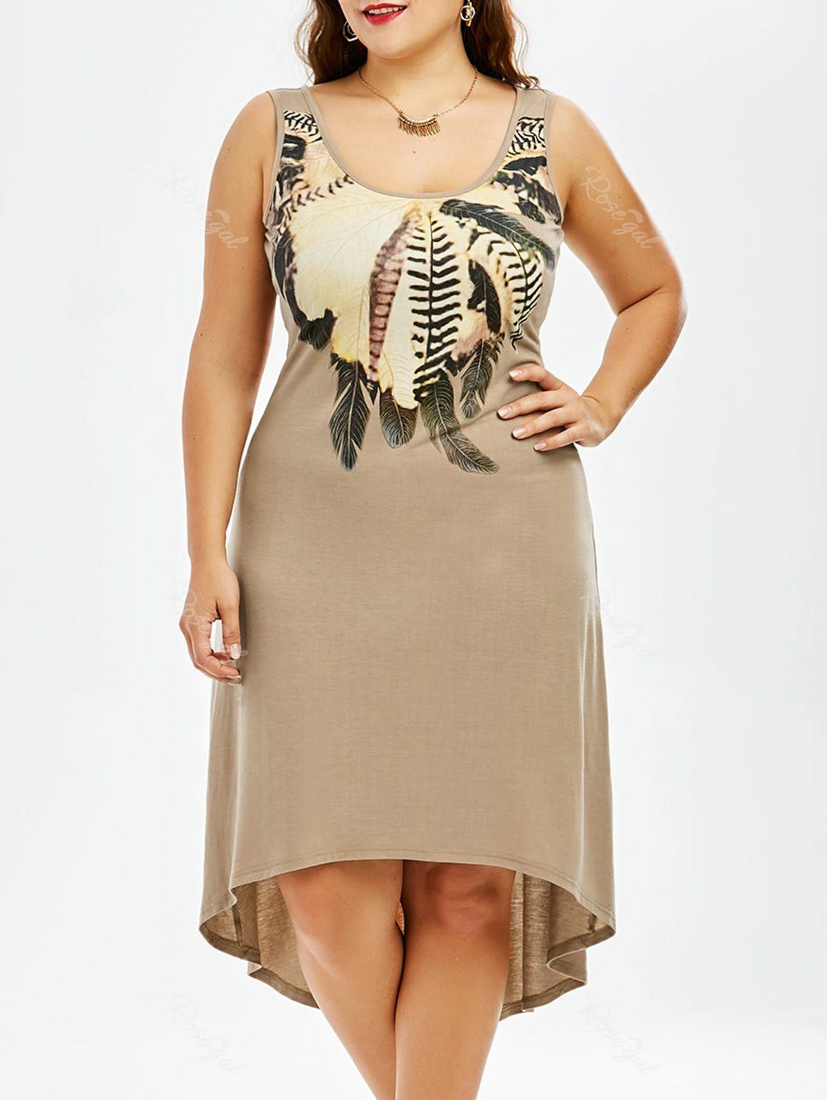 

Plus Size High Low Hem Sleeveless Dress with Feather Print, Khaki
