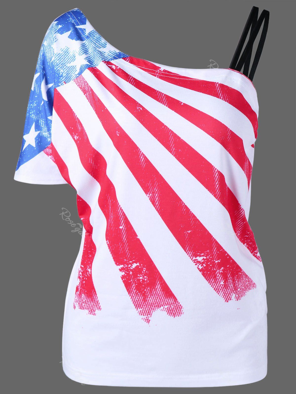 

Plus Size Patriotic One Shoulder Distressed American Flag T-Shirt, White