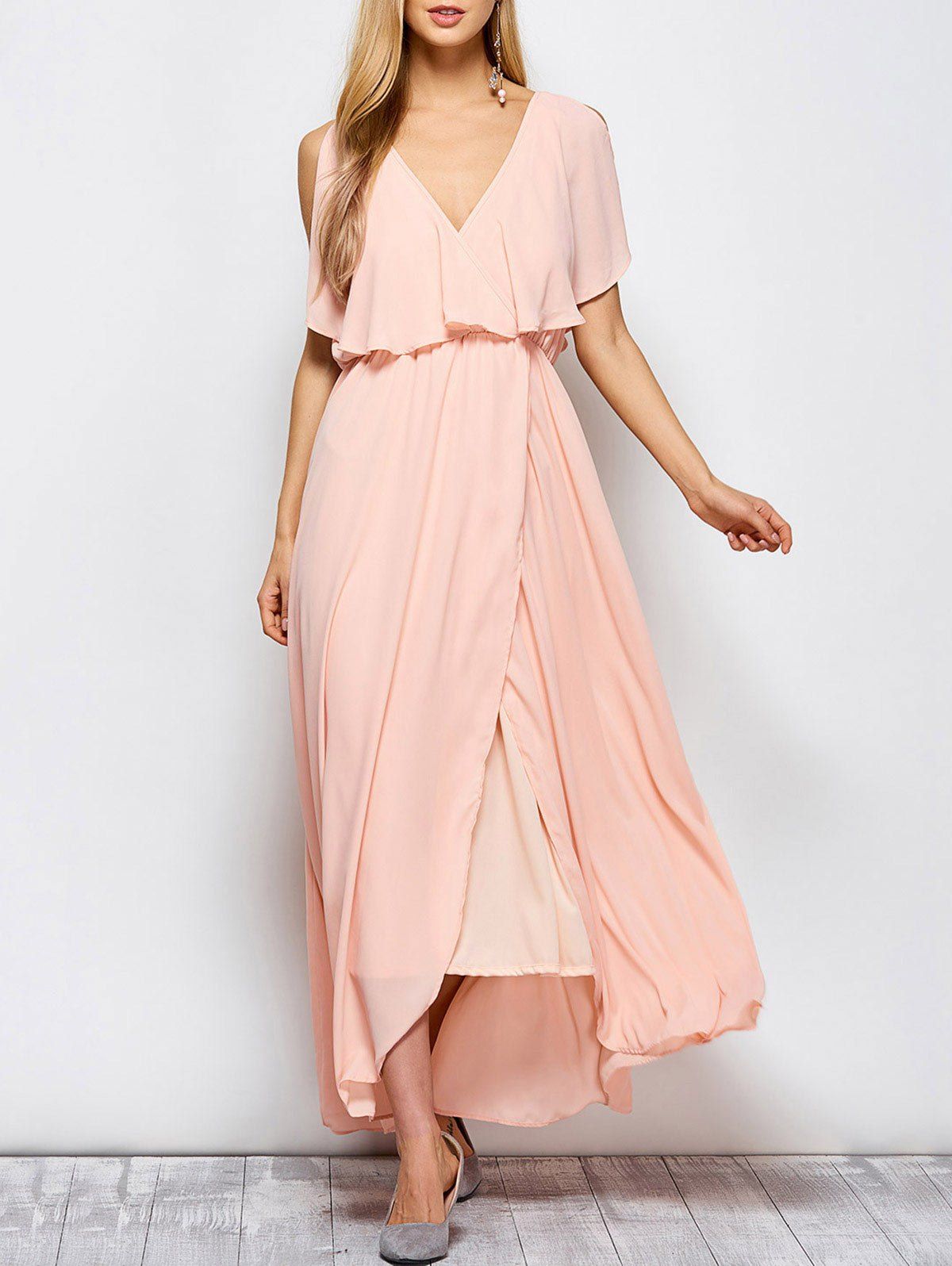 

Ruffles Maxi Surplice Wedding Guest Prom Dress, Pink
