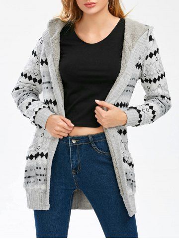 Firstgrabber Hooded Button Up Geometric Cardigan